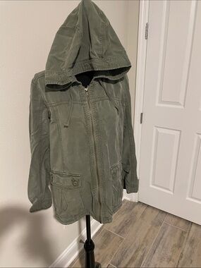American Eagle Outfitters Olive Green Hooded Jean Jacket
